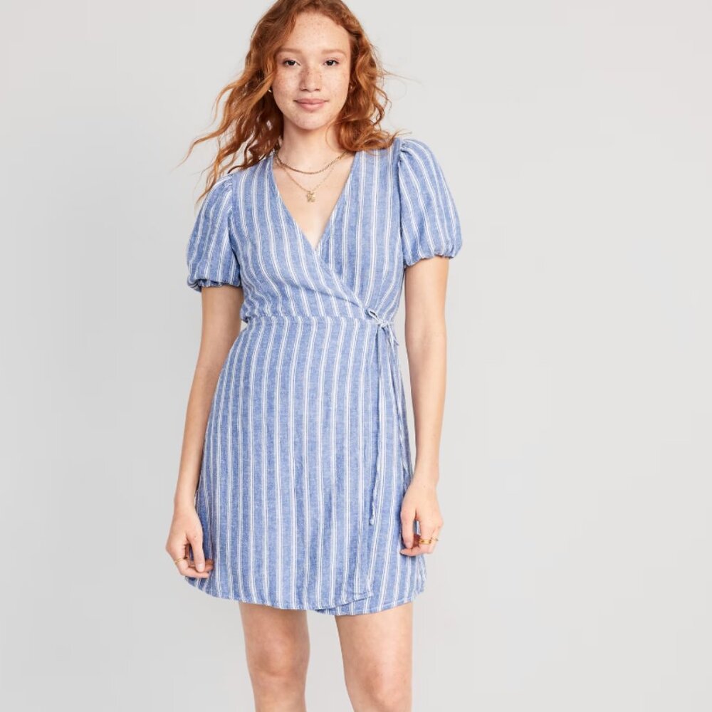 NWT- Old Navy Linen Blend Puff Sleeve Wrap Dress